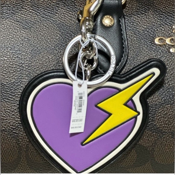 NWT COACH Heart & Bolt Silver Tone Bag Charm Or Key Ring Purple Black Yellow - Picture 3 of 8